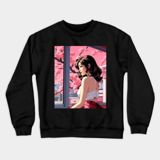 Japanese Girl Enjoying Cherry Blossom - Anime Drawing Crewneck Sweatshirt